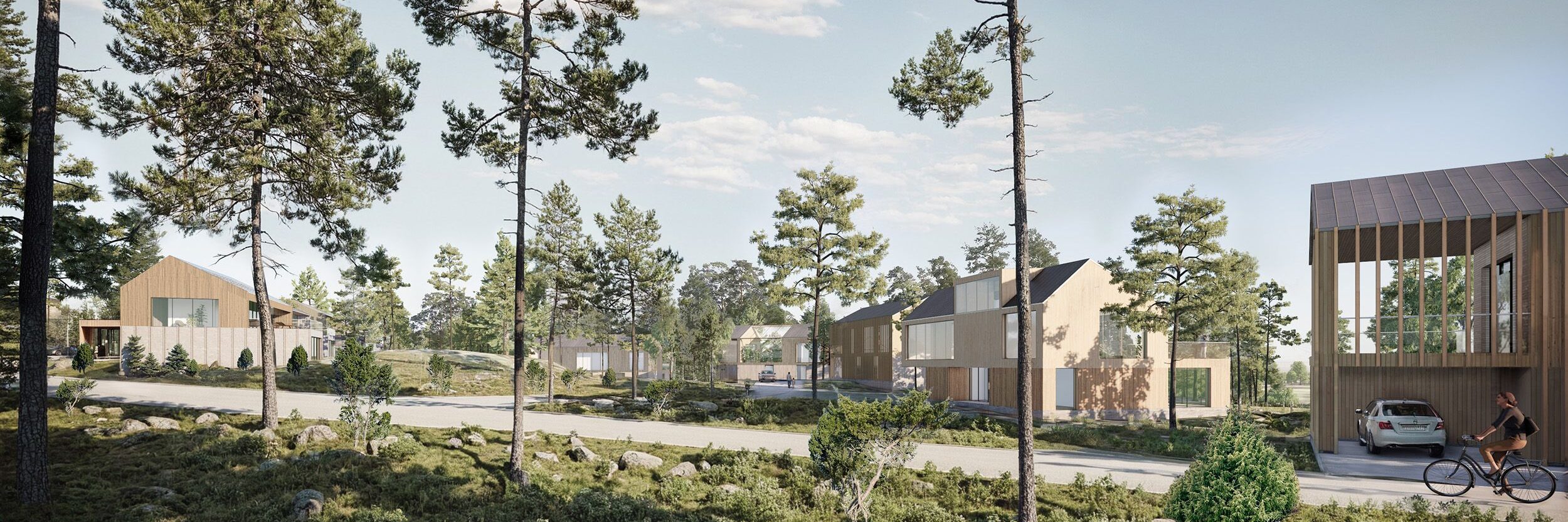 Kuvassa on havainnekuva Nybackanrinteen alueesta. Kuvassa on kasvillisuutta ja taloja.